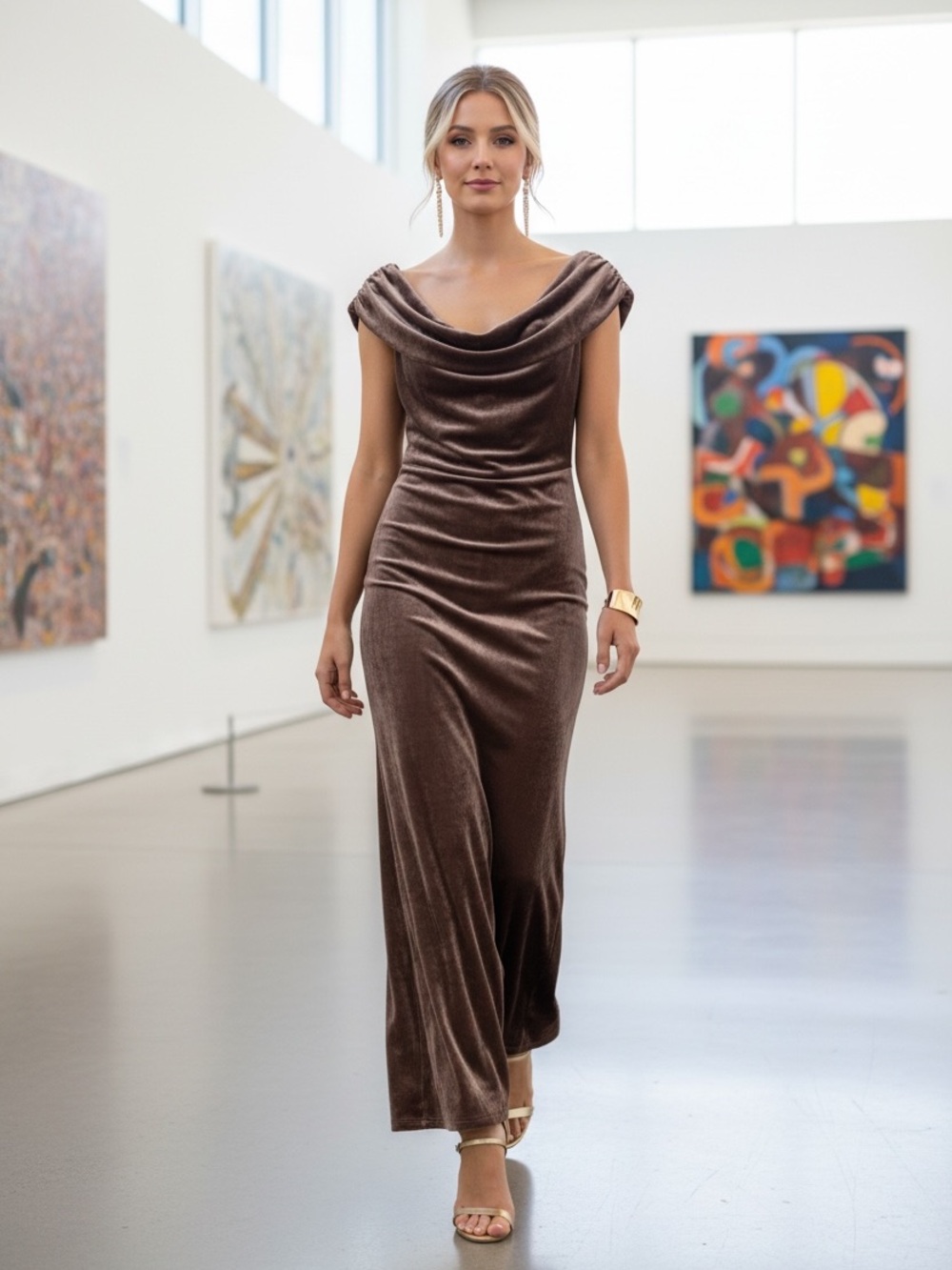 Sculpted Cowl Neck Velvet Maxi Dress in Bronze - Picture 2 of 6